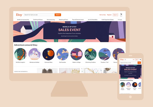 Graphic art depicting the Etsy home page on a desktop computer and a smartphone.
