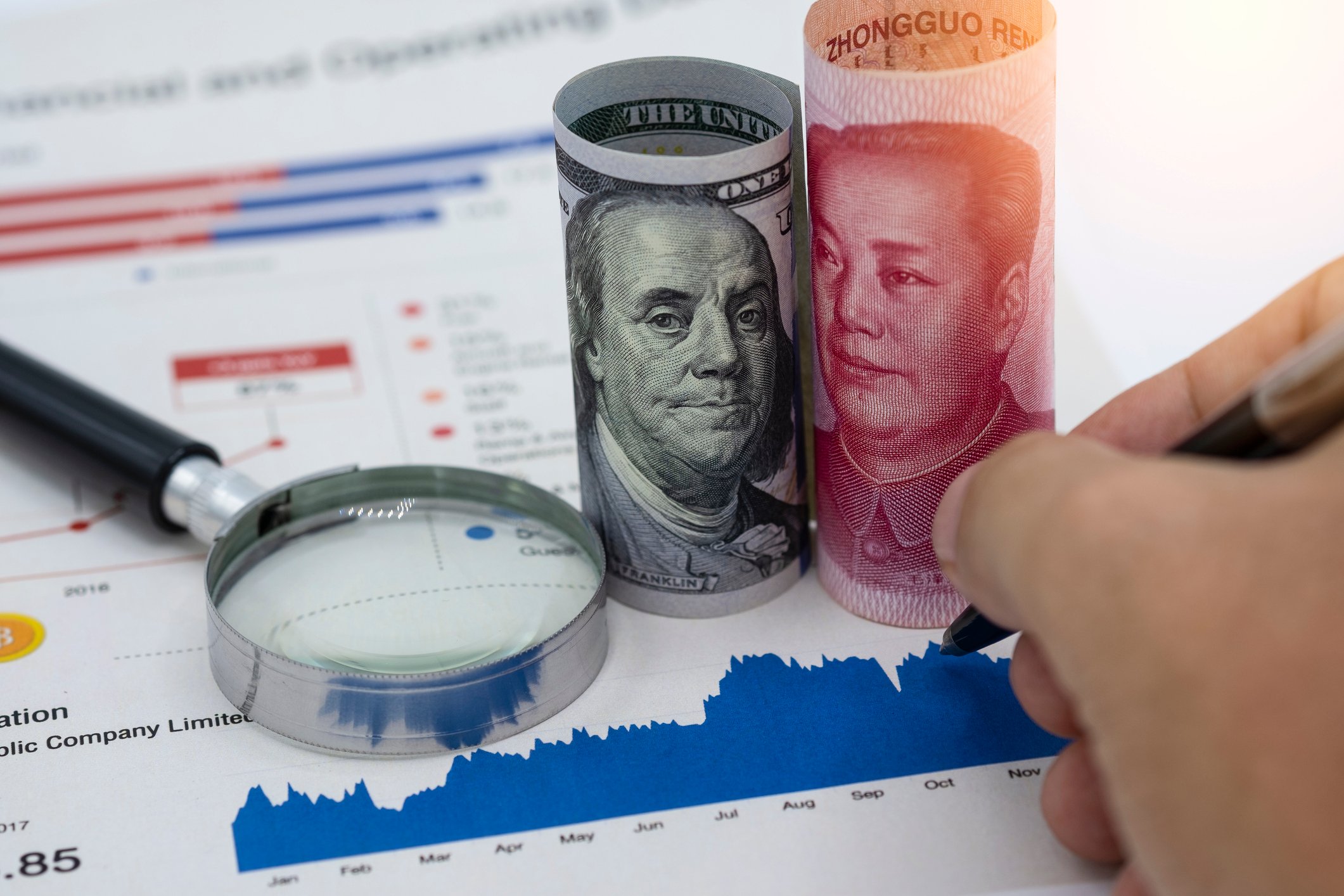 A roll of U.S. currency next to a roll of Chinese currency, both on top of a chart and next to a magnifying glass.