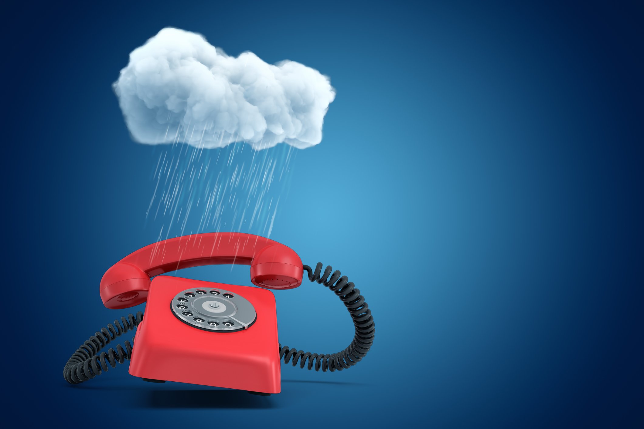 Digital rendering of a red rotary phone under a small cloud that's dropping torrential rain on it.