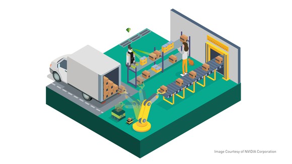 An illustration showing a loading area, with a robot scanning  packages and loading them into a truck.
