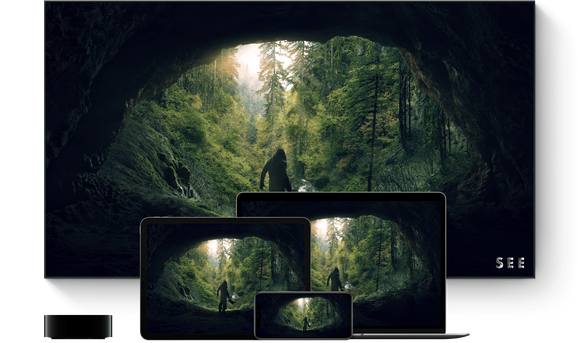 A still from Apple TV+ original show See, displayed on a TV, laptop, tablet, and smartphone