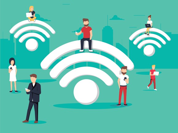 Animated people on top of wireless network symbols.