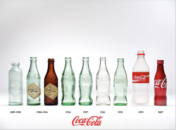A historical lineup of Coca-Cola bottles through the years.