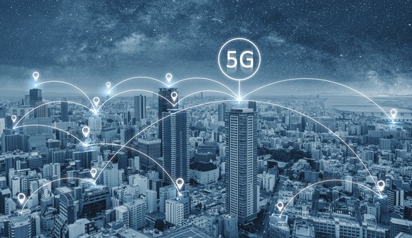 Cityscape with connected web of 5G icons floating above the buildings
