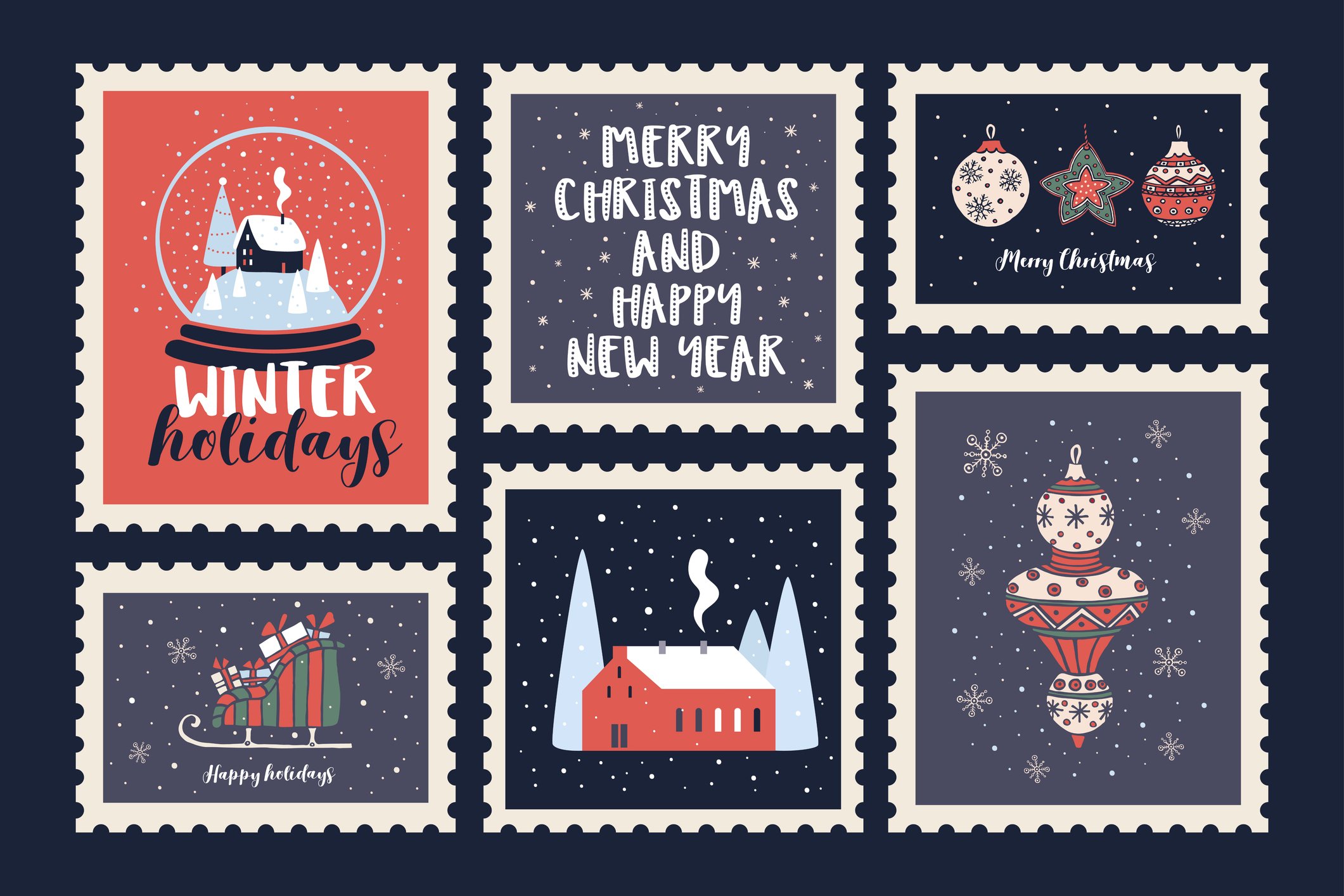 Six winter-themed postage stamps