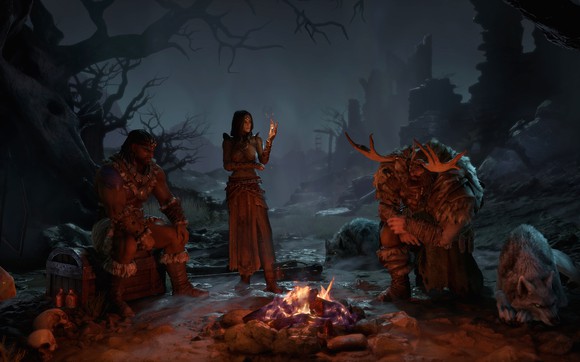 A screenshot of Diablo 4 with in-game characters in a dark wooded area standing around a camp fire.