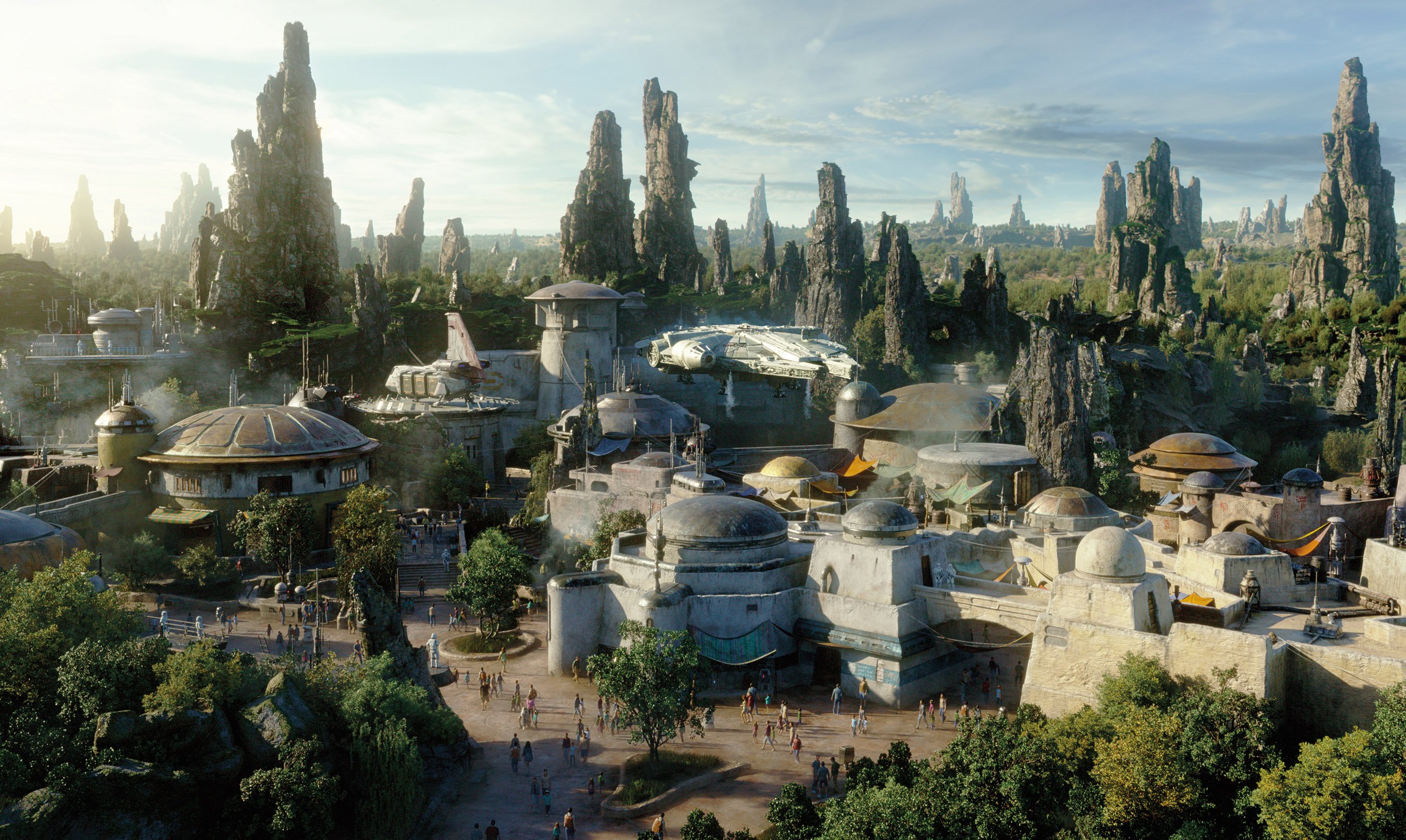 An overhead view of Disney's Star Wars: Galaxy's Edge attraction at Disneyland