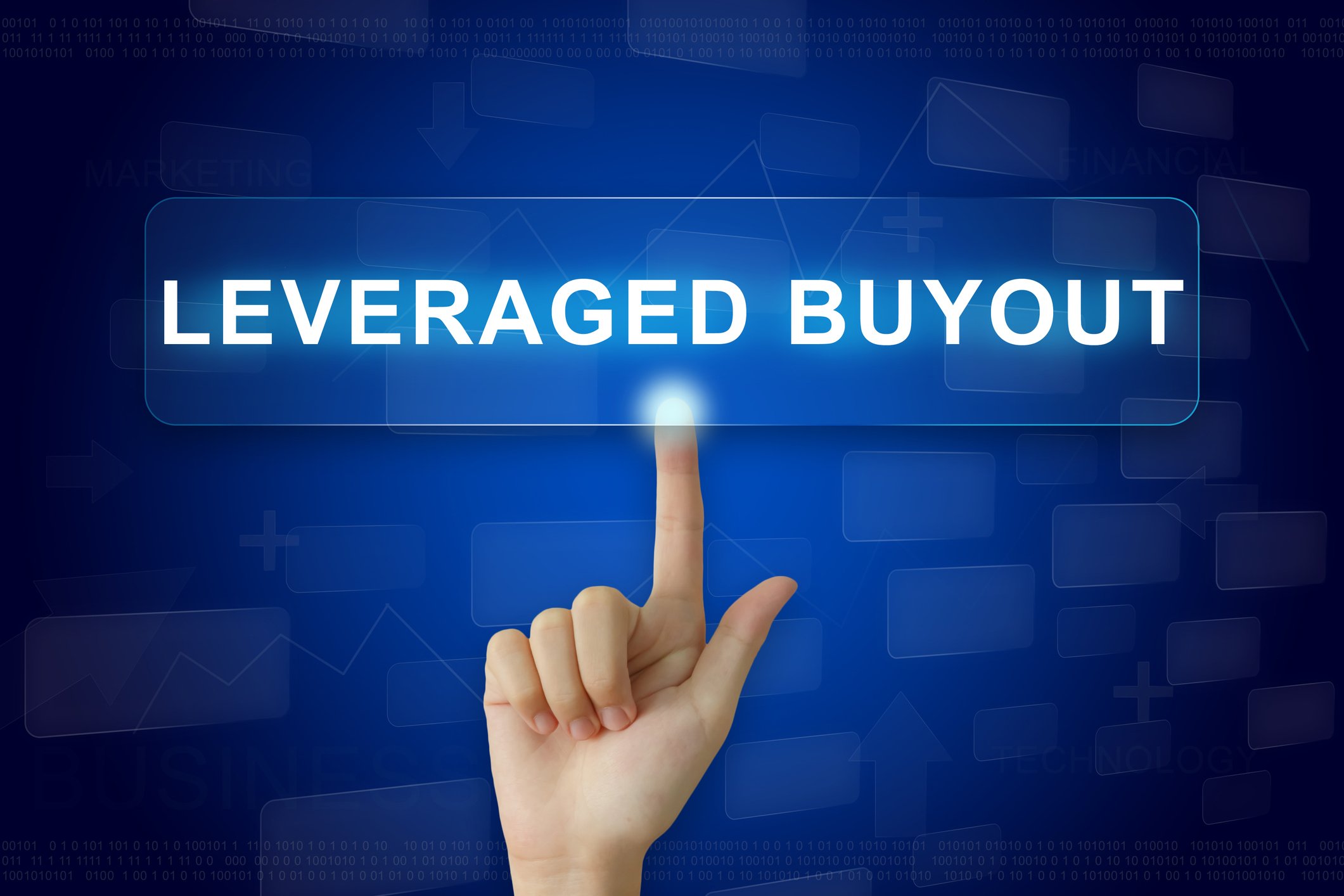 Index finger pointing to a blue panel displaying the words Leveraged Buyout.