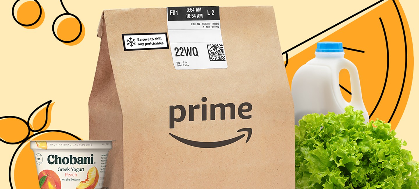 A paper bag marked "Prime" with groceries next to it.