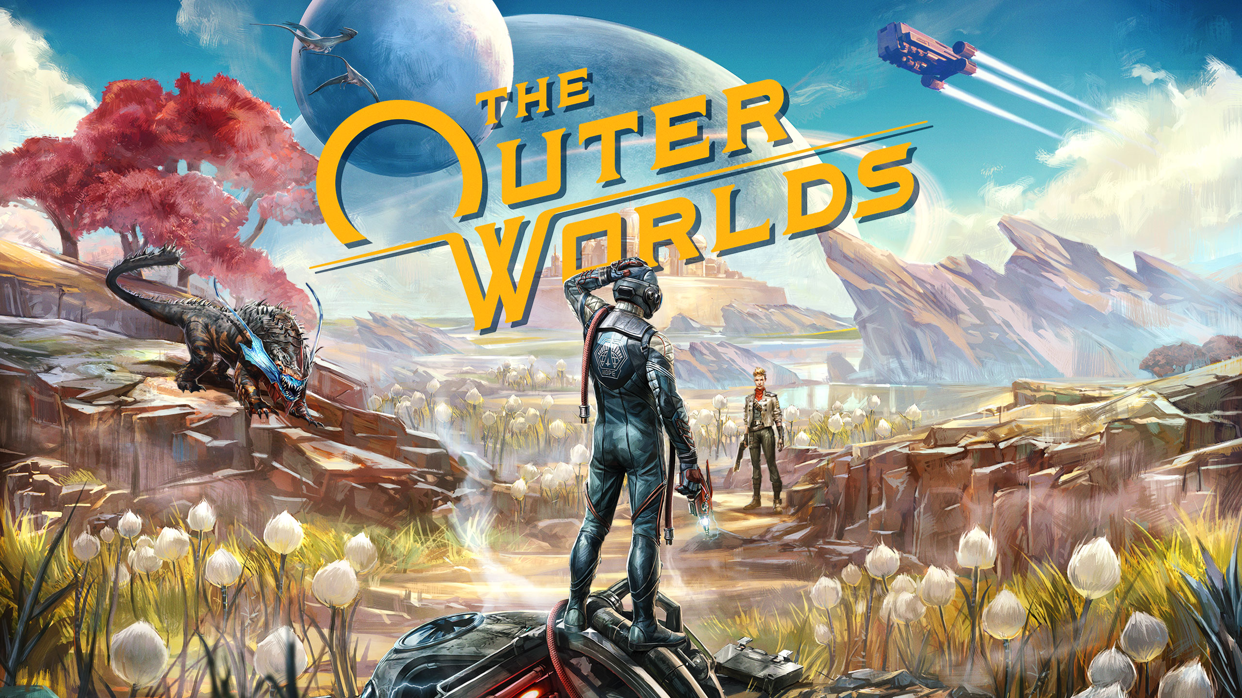 Art from 'The Outer Worlds' featuring characters on an alien planet.