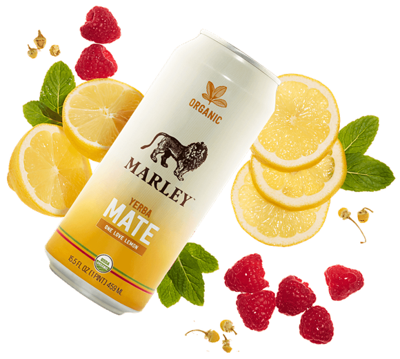 NewAge's Marley cannabis drink with fruits behind it