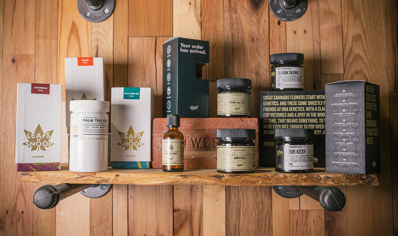 Shelf with several packages containing cannabis-derived products.