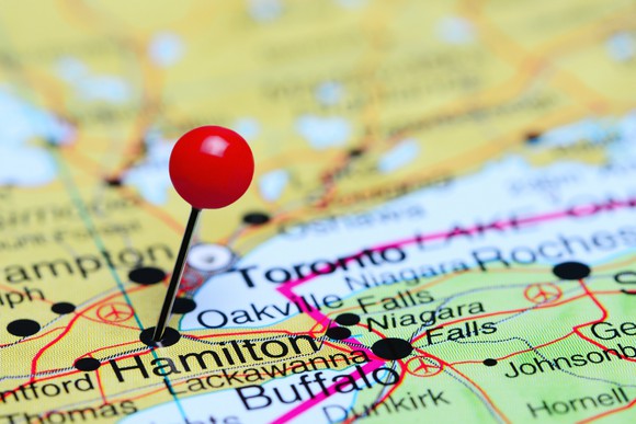 Pin on Hamilton, Ontario, displayed on a map