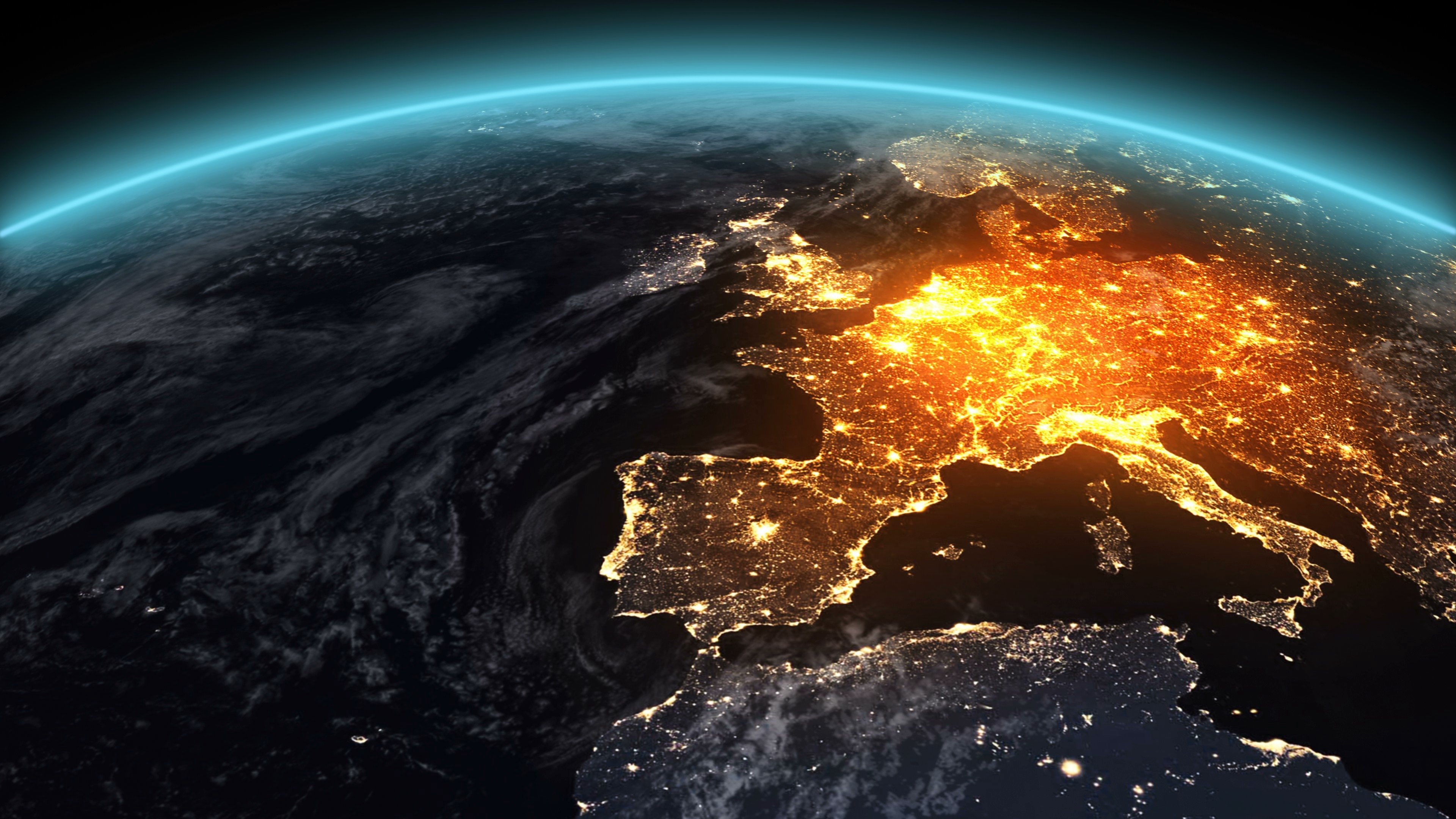 Europe illuminated on a satellite image of the Earth