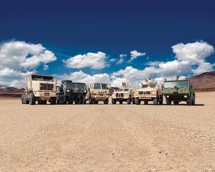Oshkosh's line of rugged military and firefighting vehicles.