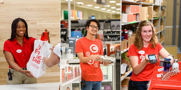 Three pictures of Target employees at work.