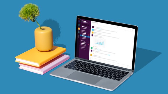 Rendering of a laptop running Slack next to a stack of books and plant