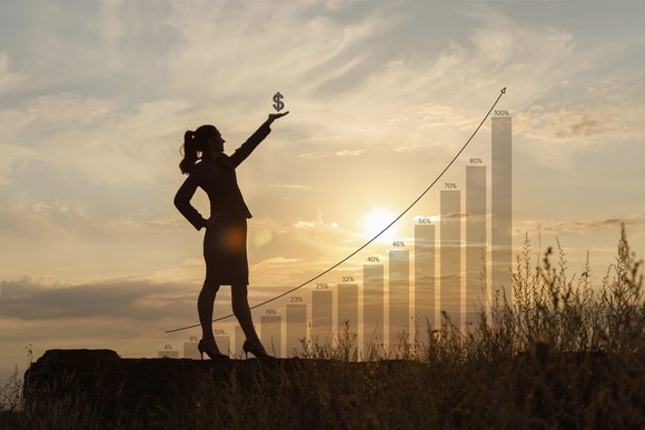 Businesswoman, against a setting sun and chart, holding a dollar sign aloft with her left hand.