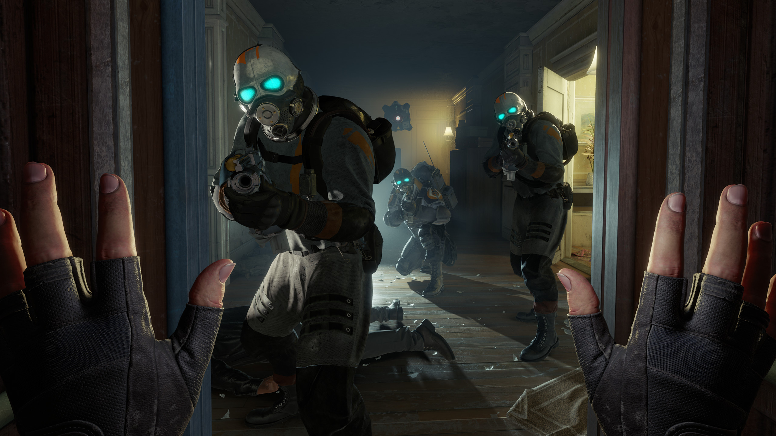 A screenshot from Valve's Half-Life: Alyx featuring the player character holding up her hands being targeted by soldiers holding guns.