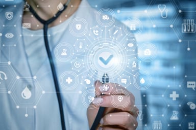 Doctor with stethescope and healthcare images