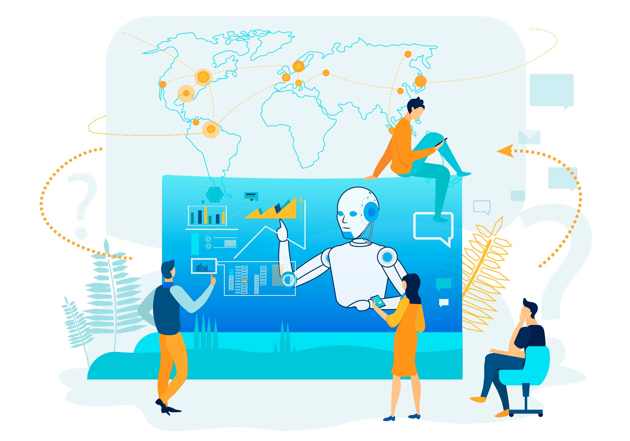 Graphic illustration showing people interacting with robotic interface.