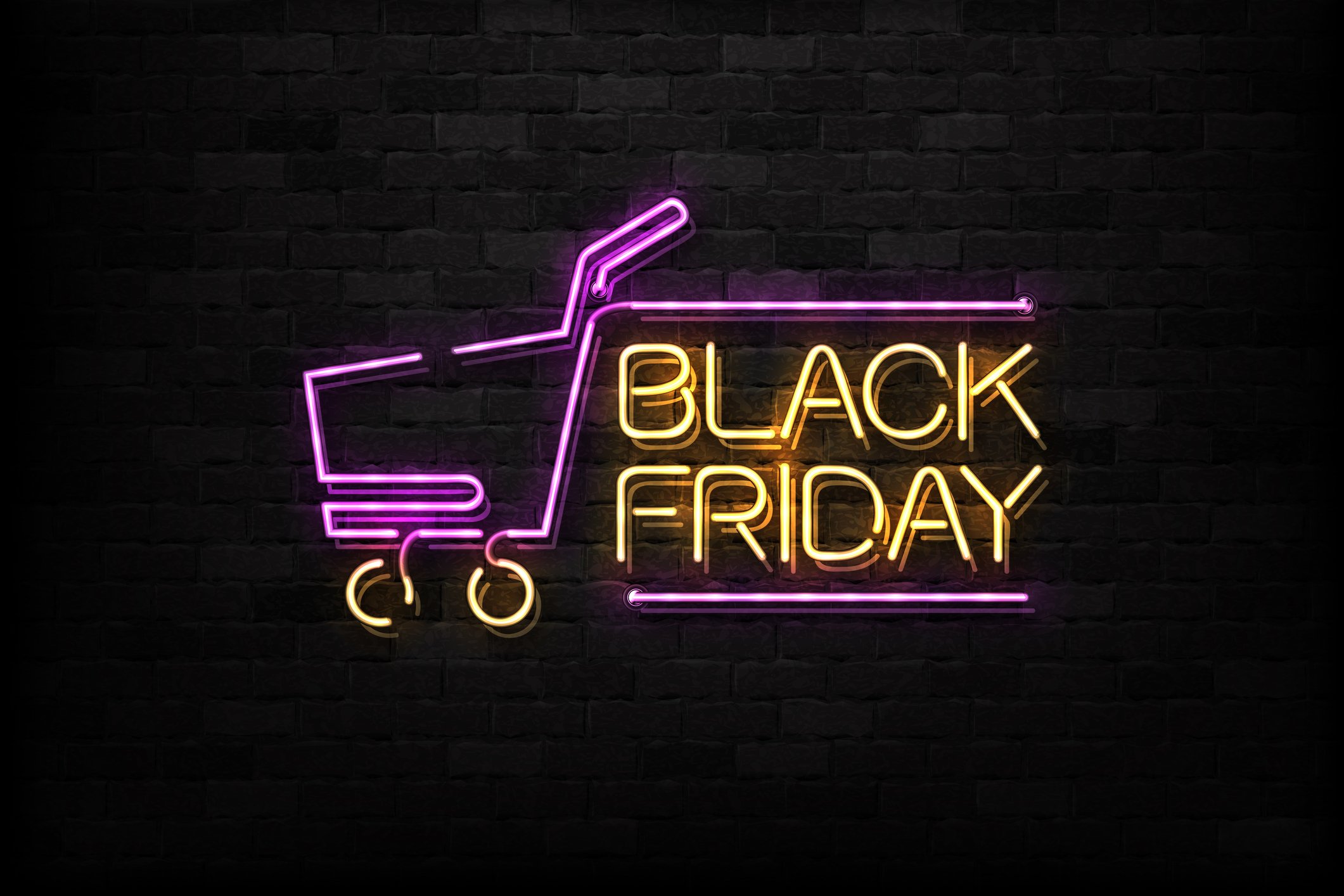 Neon lighting making a shopping cart and the text 'Black Friday.'