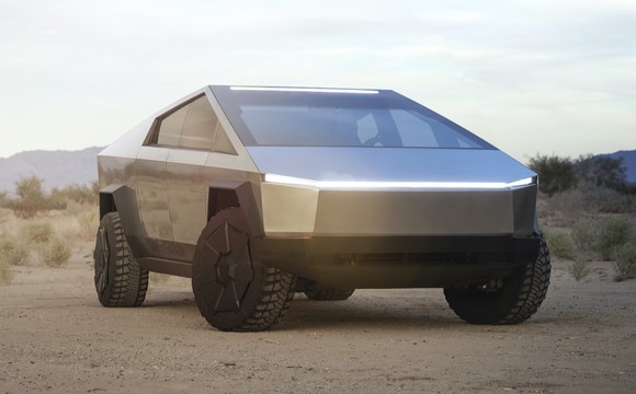 The Tesla Cybertruck, a futuristic stainless-steel-bodied pickup.