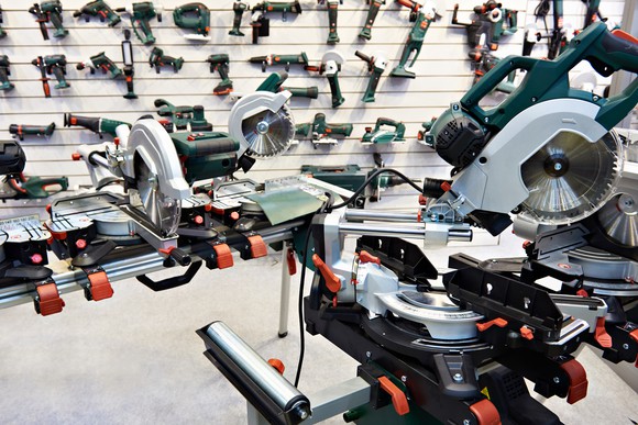 A collection of power tools on display.