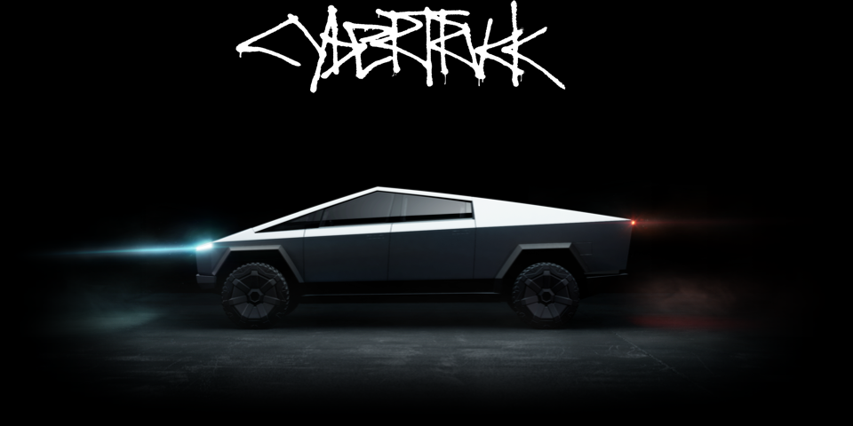 Profile view of the Tesla cybertruck, with the stylized title of cybertruck written out above it. 