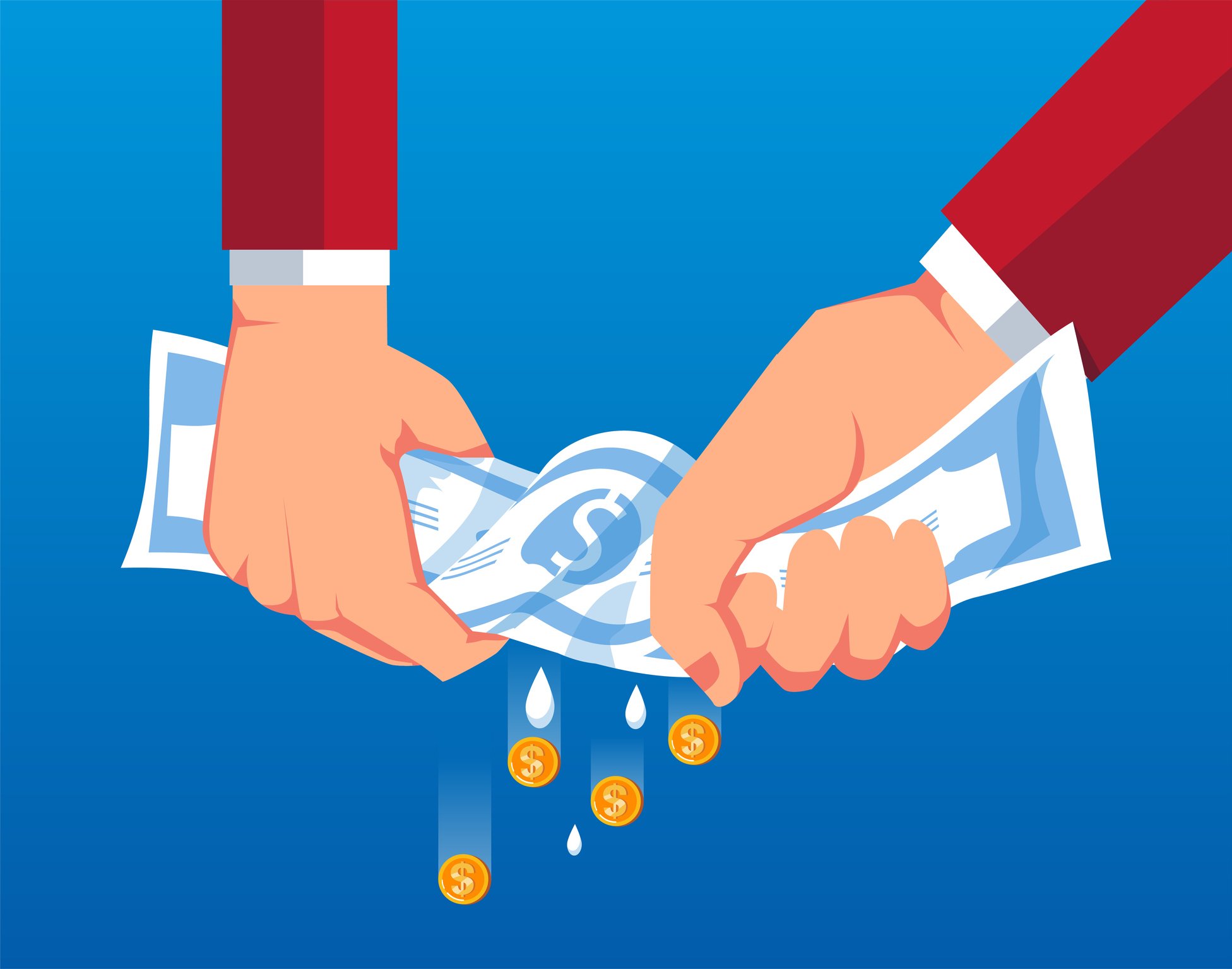 Illustration of businessman squeezing coins out of currency.
