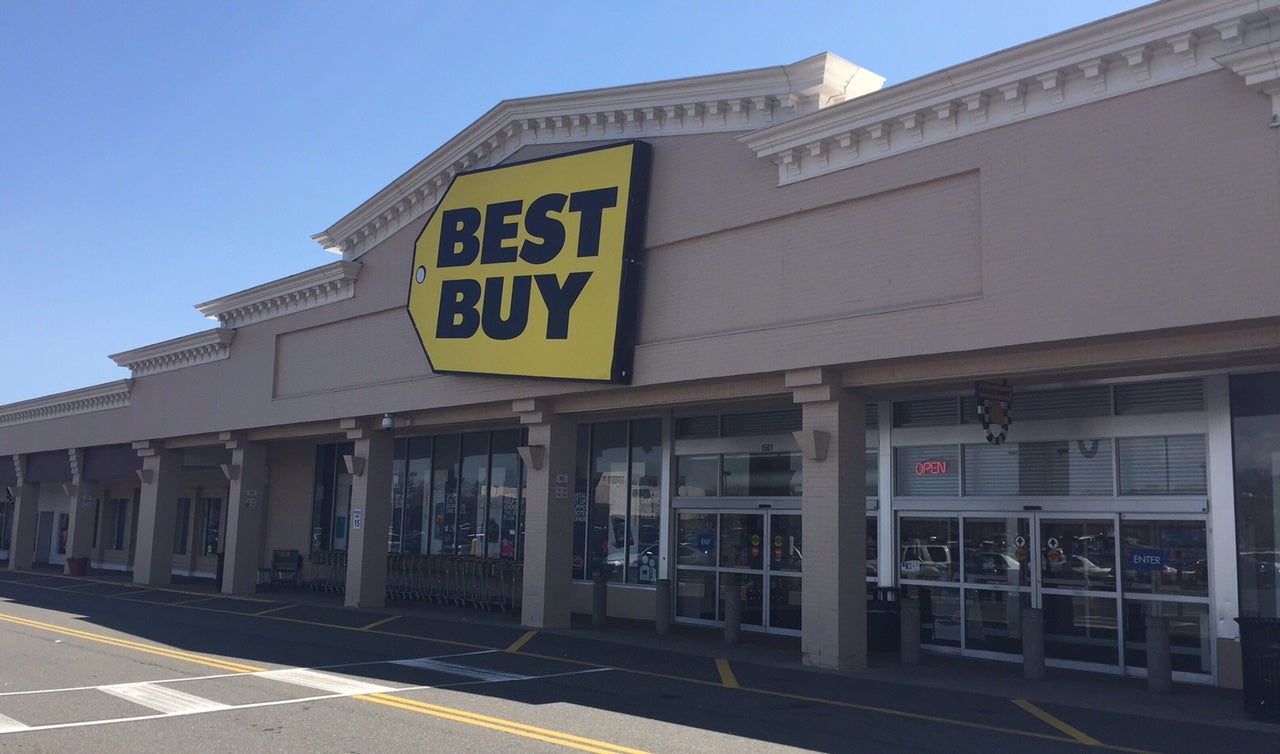 Front of Best Buy store on a clear day.