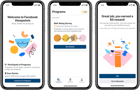 Facebook Viewpoints app interface displayed on three smartphones