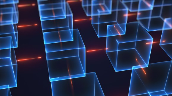 An illustration of a grid of neon blue, semi-transparent cubes.