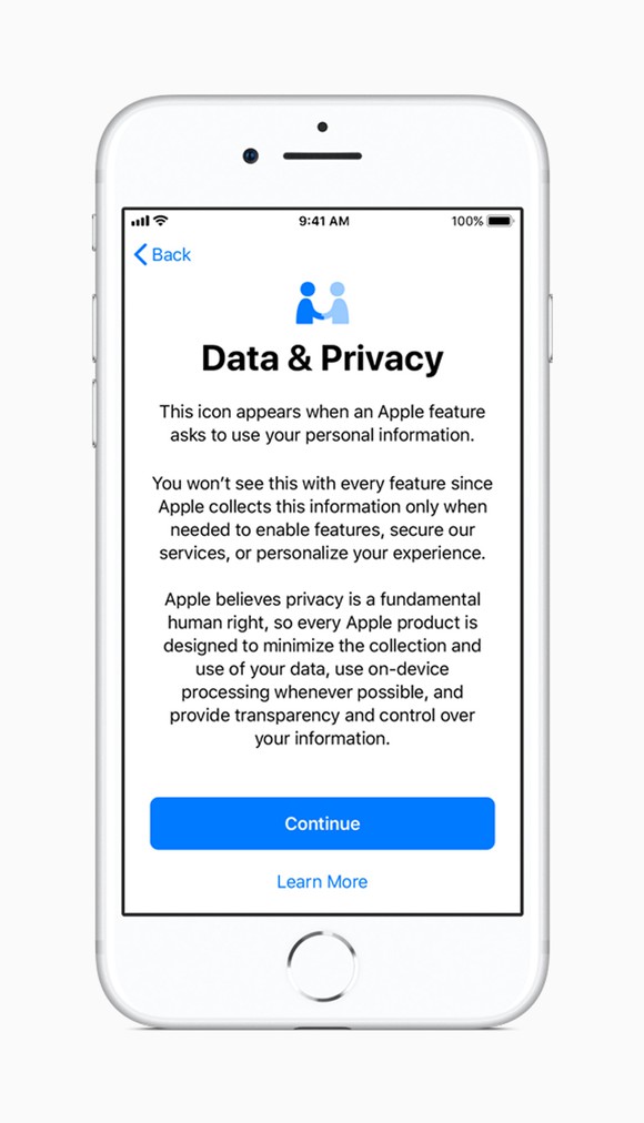 An iPhone displaying information on data and privacy
