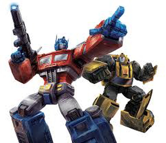 Two illustrated Transformers, toys that can change from robotic soldier into a car or truck.