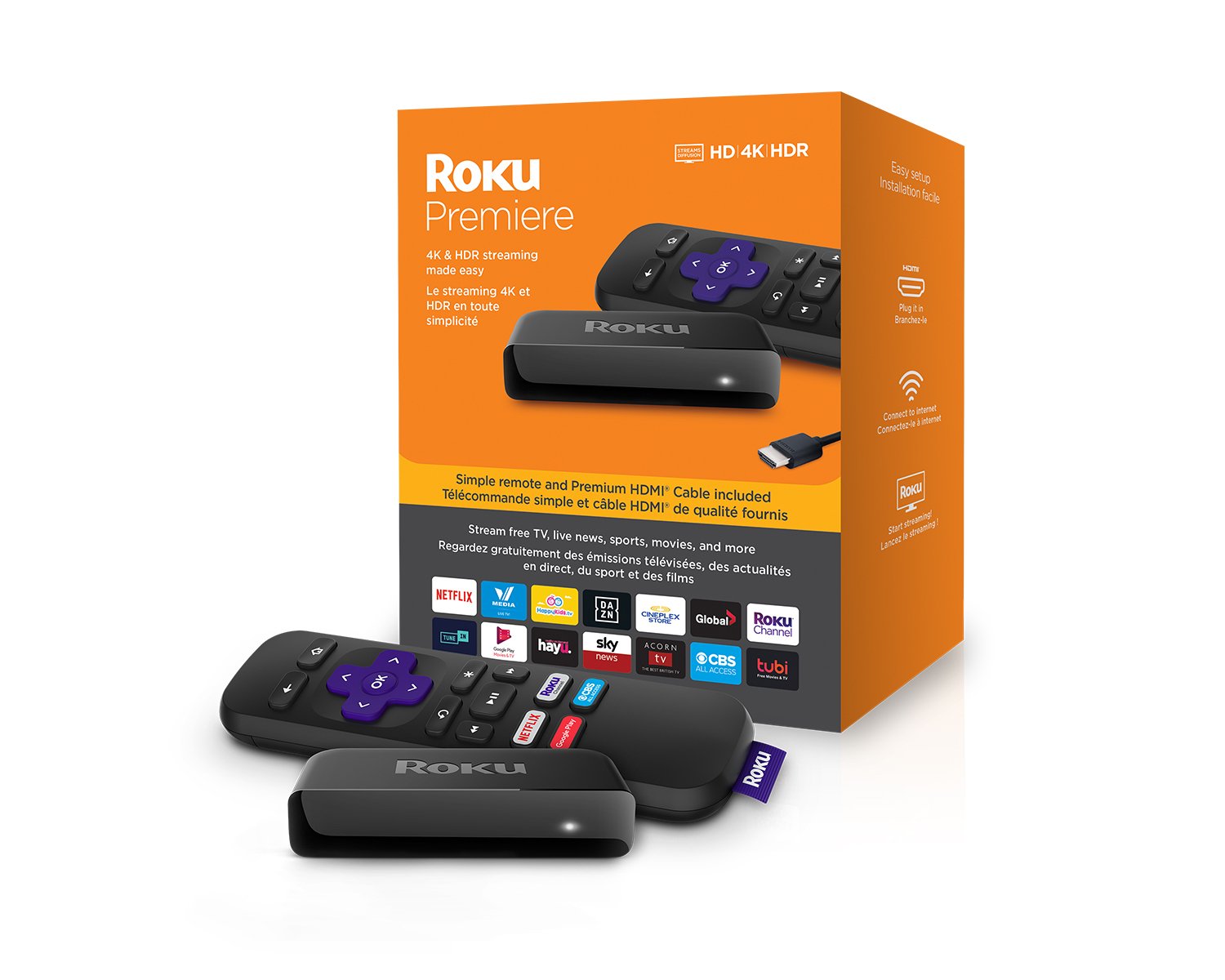 The Roku Premiere with its box and remote control.
