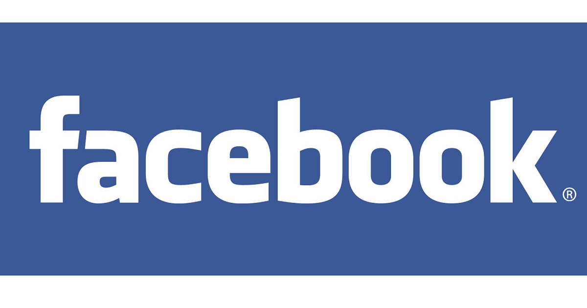 Facebook logo in white letters on blue background.
