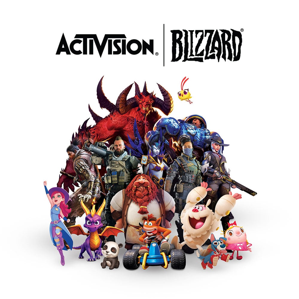 Activision Blizzard's logo and a selection of the company's characters.