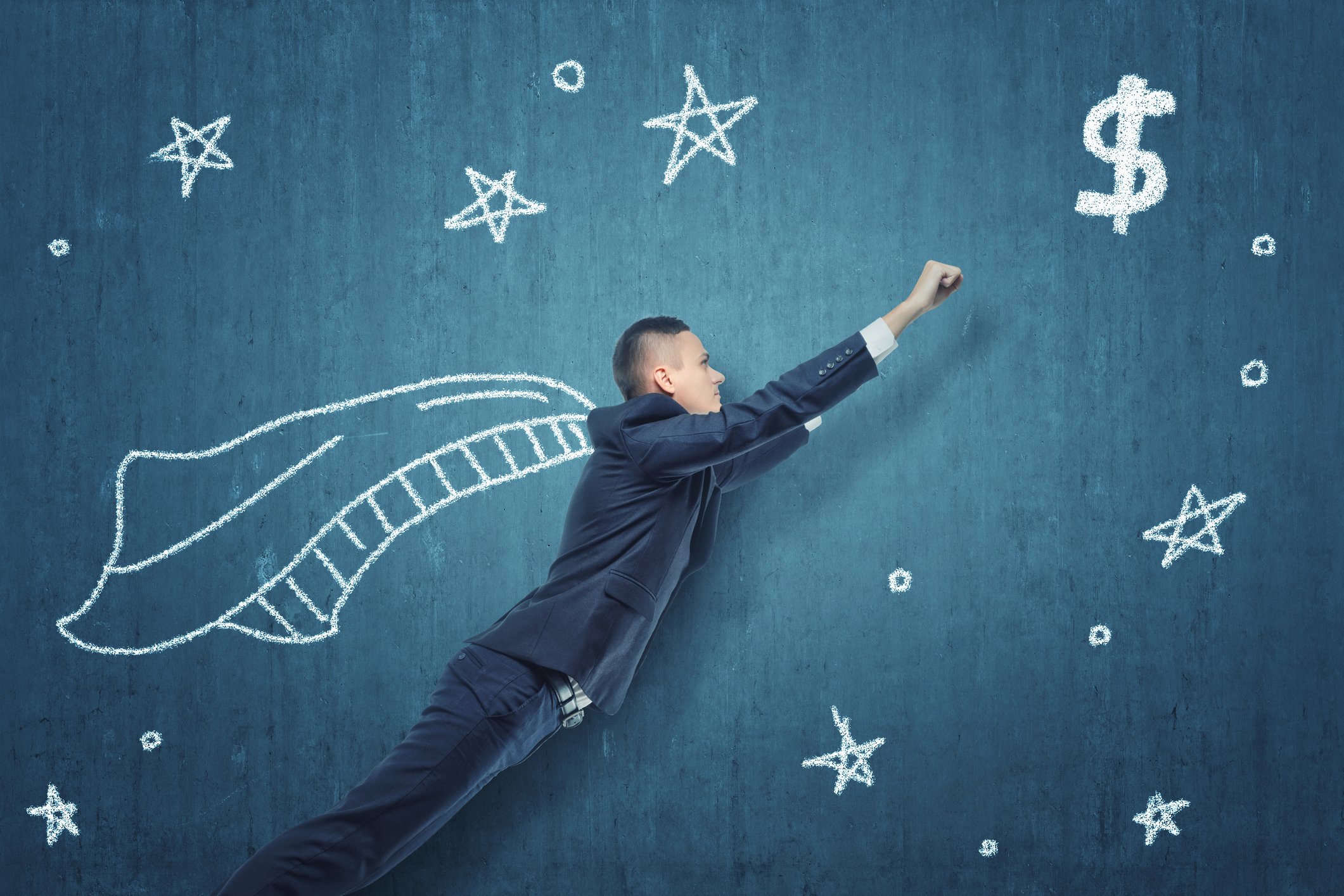 A man in a suit with a cape flies through a star field towards a dollar sign