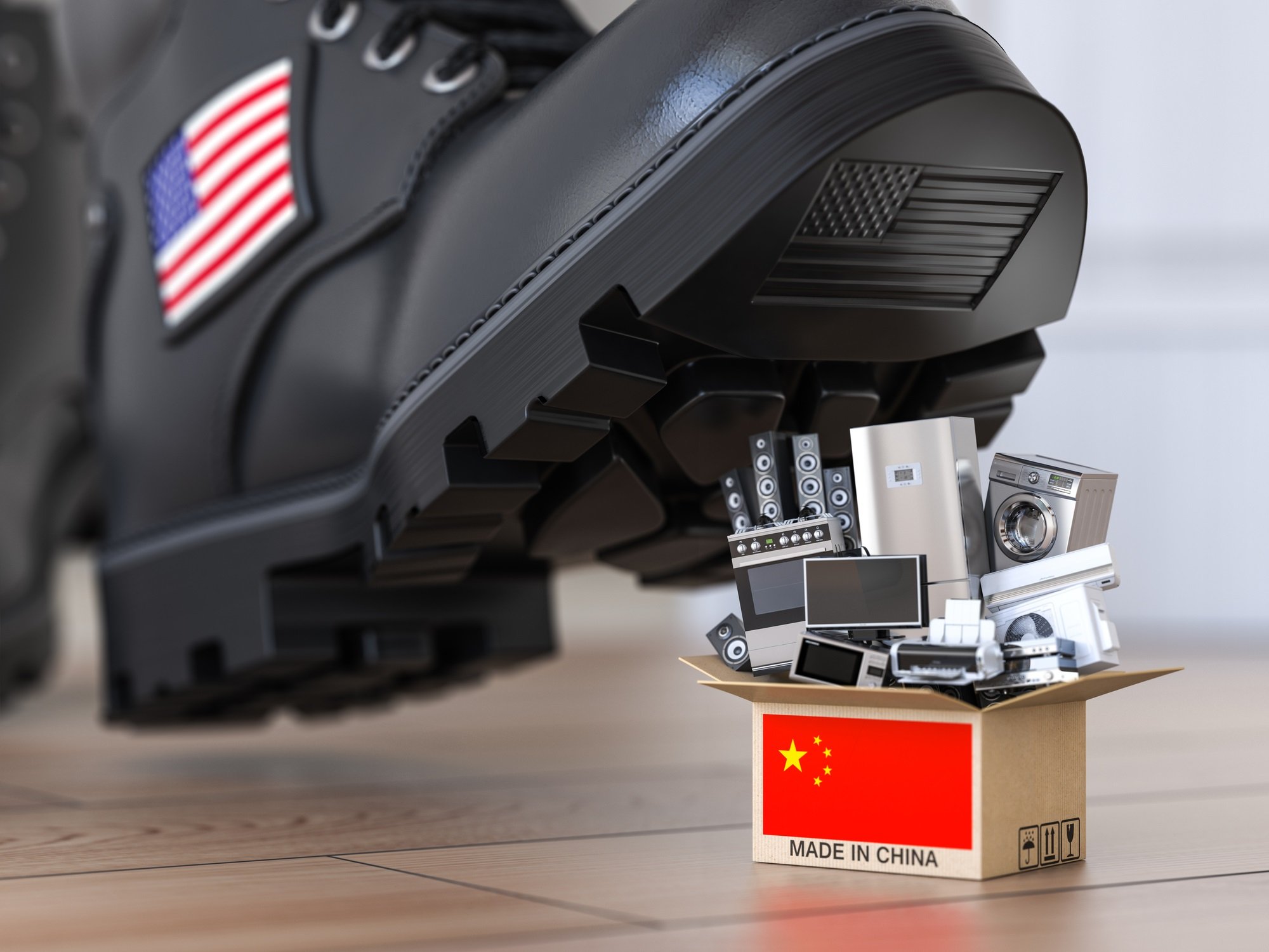 Boot with a U.S. flag on its side about to step on miniature electronic and household goods in a box labeled Made in China.