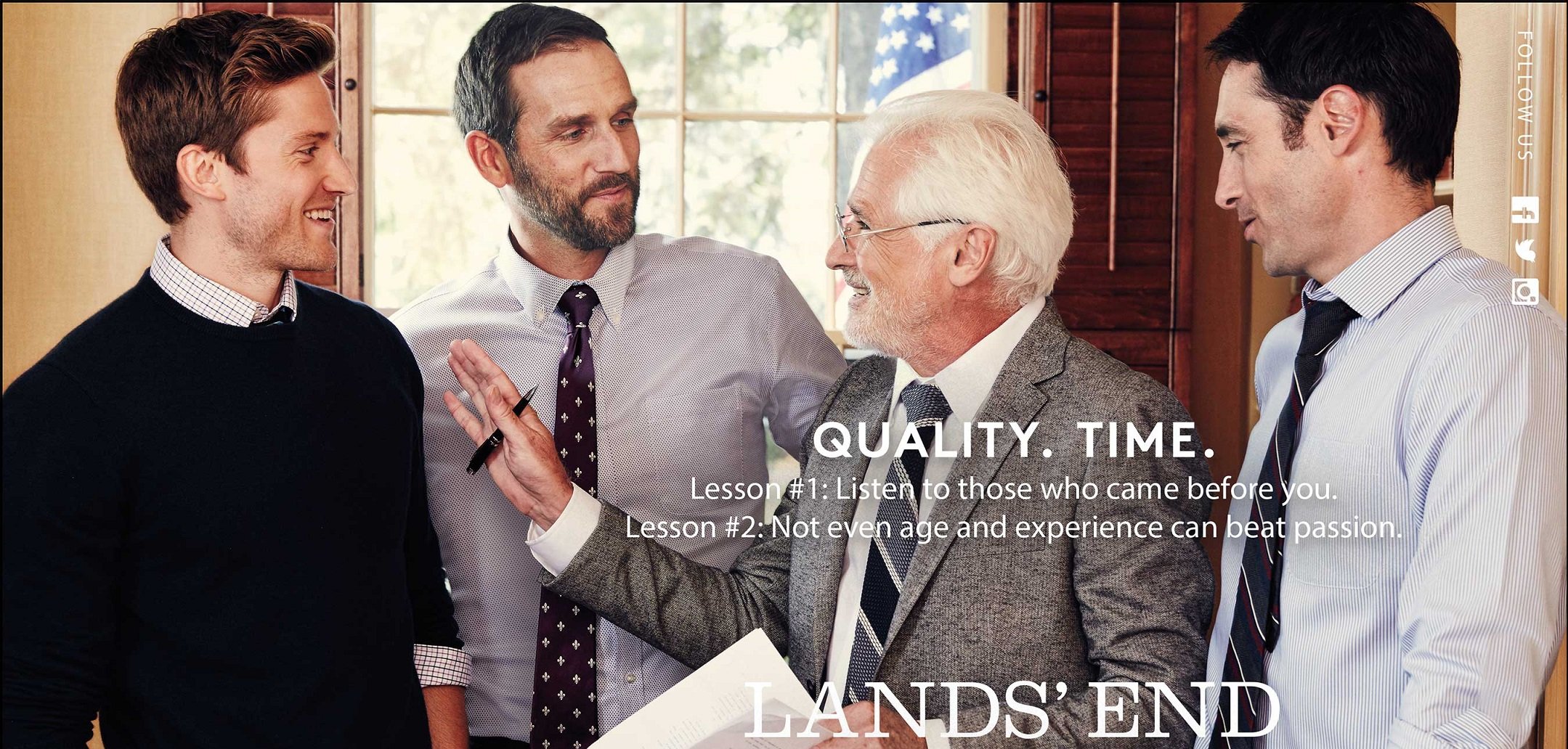 Four men in dress shirts and ties, with Lands' End logo and promo material.