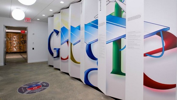 Photo of a large Google logo on a wall in the company's offices in Bucharest, Romania.