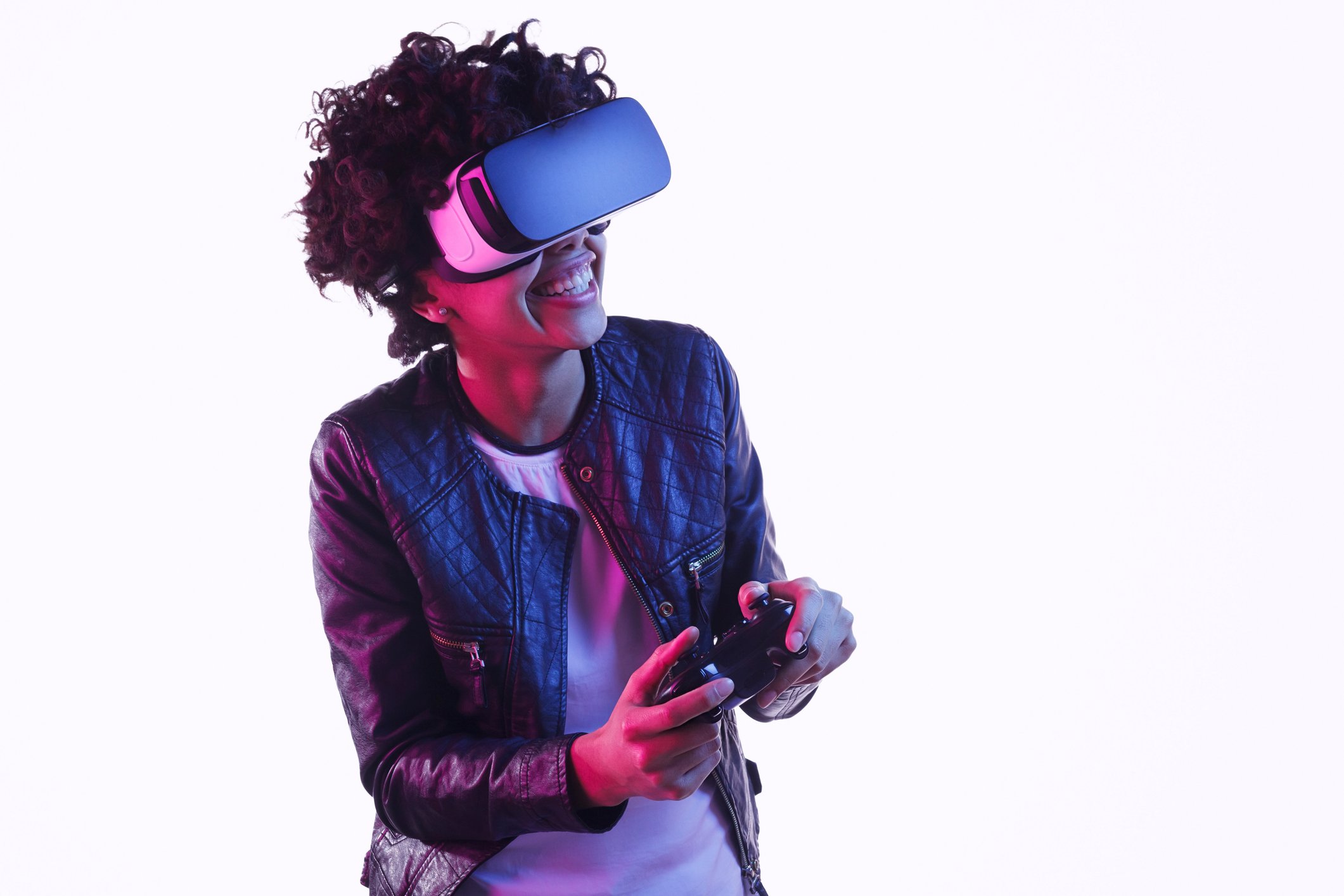 A woman plays a VR game.