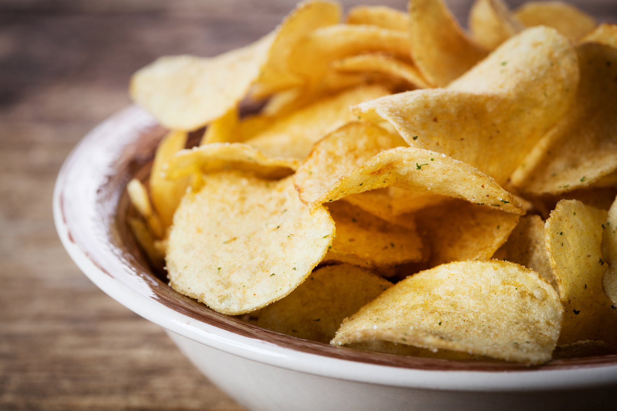 Close-up of kettle-style potato chips.