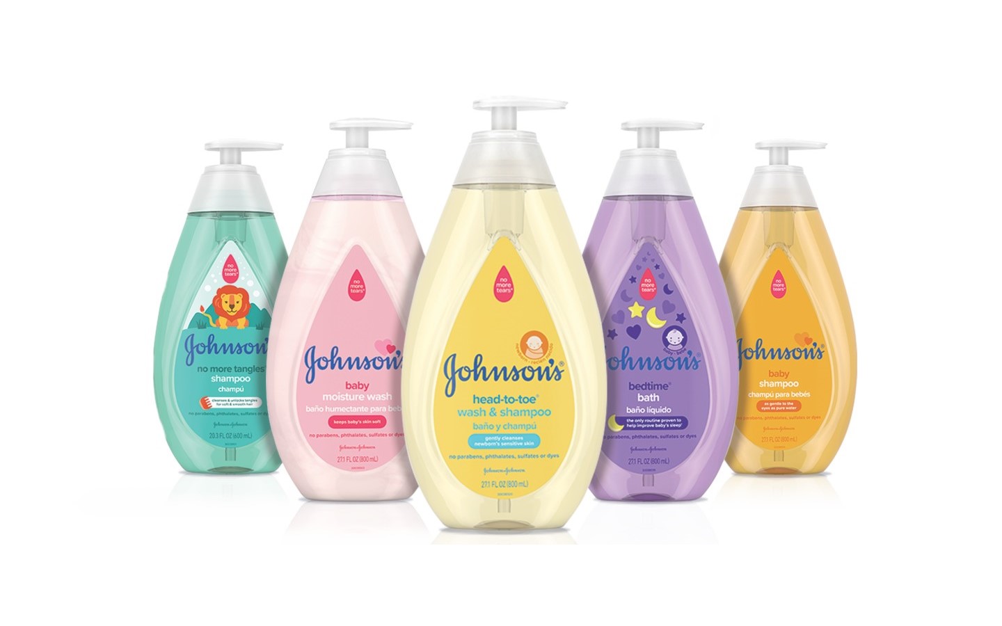 Five bottles of Johnson & Johnson products in different colors..