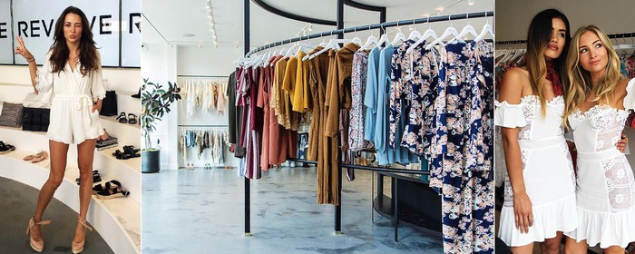 Fashionable clothes on a hanger and models wearing dresses