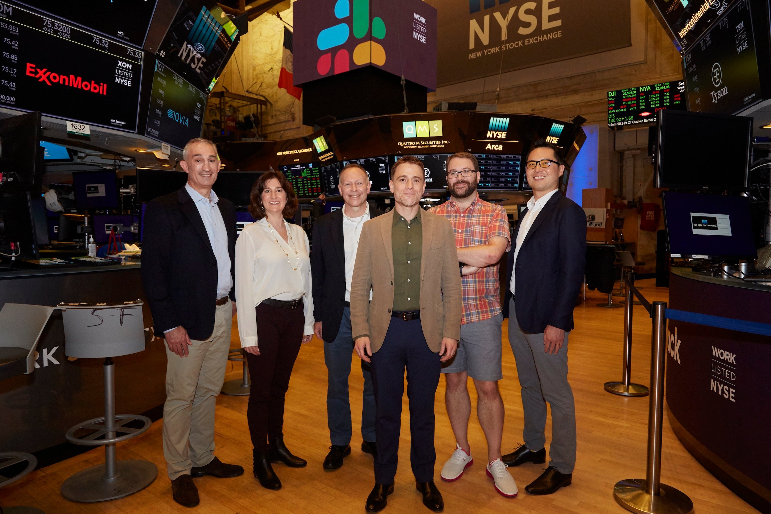 Slack executives at the New York Stock exchange on the day of the company's direct listing