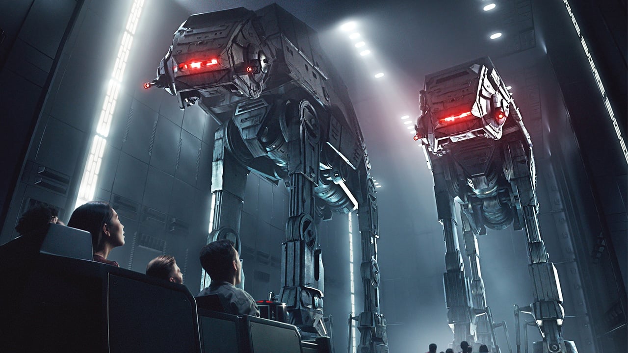 Concept art of Rise of the Resistance as guests ride by life-sized AT-AT war machines.