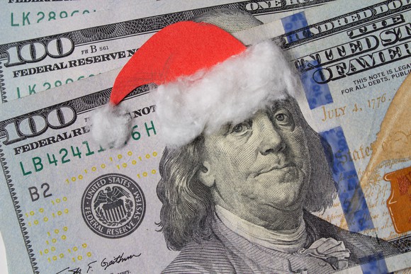 $100 bills with a Santa cap positioned over Ben Franklin's head