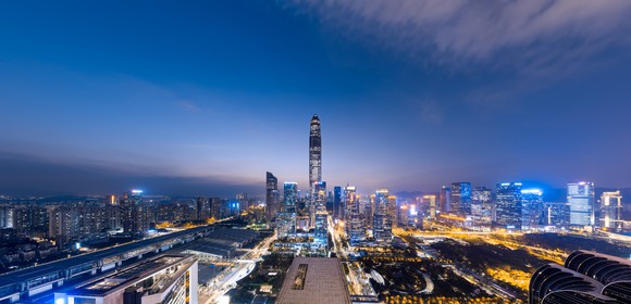 The Ping An tower viewed from a distance at night in Shenzen. 